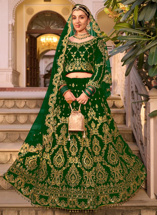 Velvet Green Bridal Wear Embroidery Work Lehenga Choli